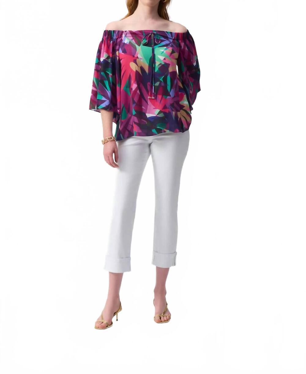 NEW JOSEPH RIBKOFF tropical print off-shoulder boxy top in multi-color
